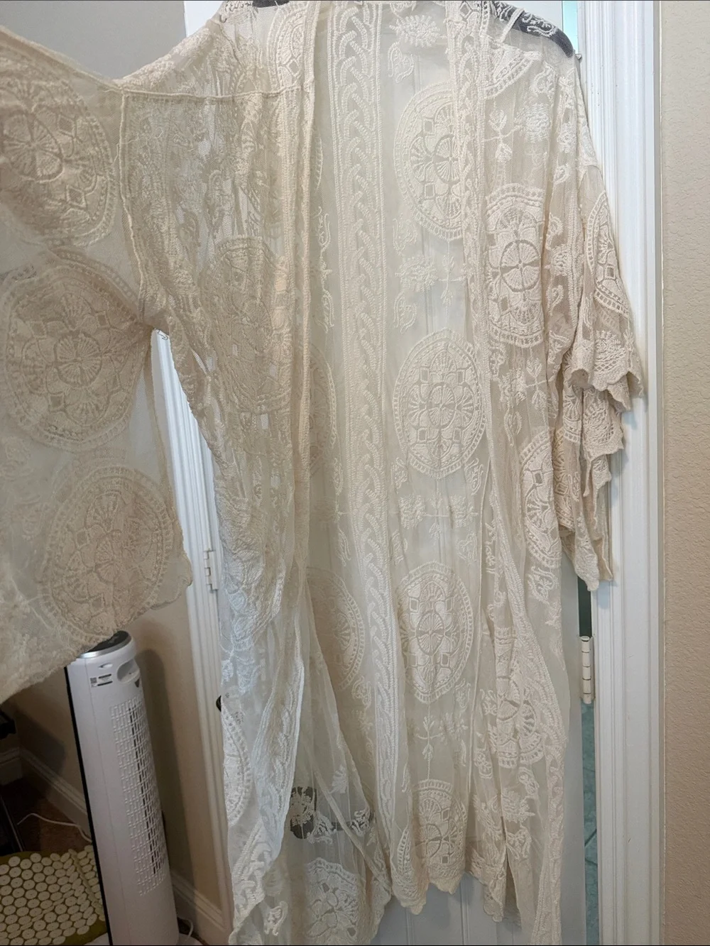 Sheer Lace Kimono Draped Cover-Up in Cream - Unbranded